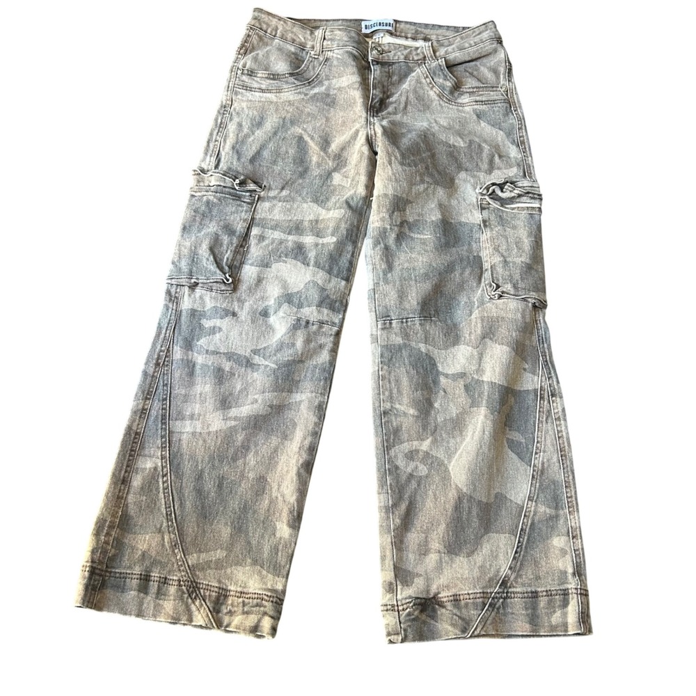 Disclosure Camo Cargo Jeans Grey Tan Wide Leg Utility Pants Size 11/30